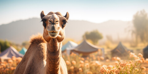 camel in the desert, blue sky, looking at camera