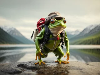 Foto op Plexiglas A frog with a backpack and a hiking hat, looking ready to leap into adventure © Meeza