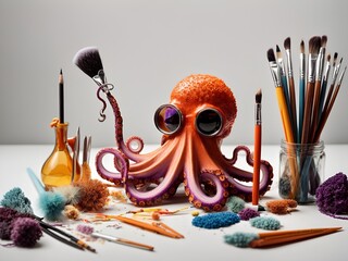 A whimsical octopus holding a different artistic tools, symbolizing creativity - obrazy, fototapety, plakaty