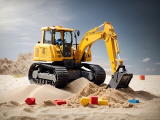 A toy excavator with toy blocks on sand