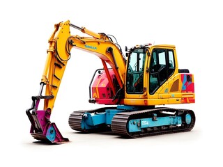 An excavator painted in bright, pop-art colors