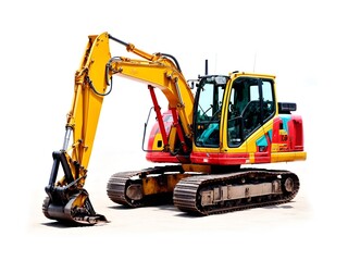 An excavator painted in bright, pop-art colors