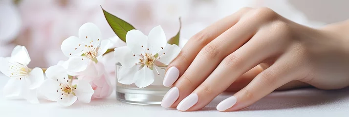  Beautiful well-groomed hands of the bride with modern manicure, nail design for the bride, banner © Henryzoom
