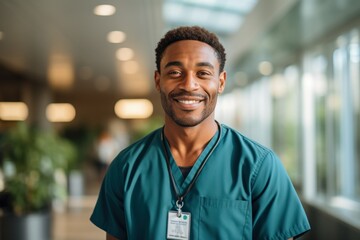 Professional Healthcare Worker Exuding Confidence and Warmth in Hospital Setting
