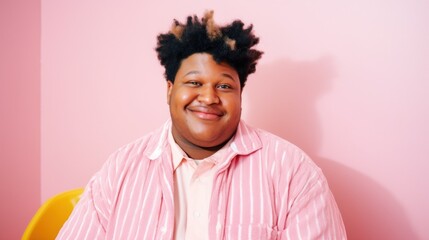 Trendy plus-size guy poses confidently in pastel ensemble against a soft background.