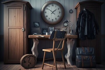 Old wooden office with a desk and a chair