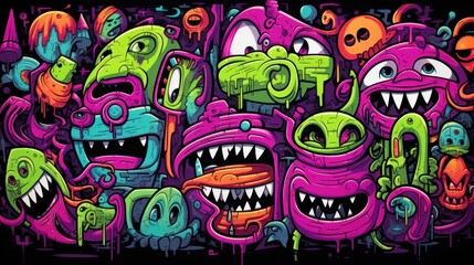 A bunch of colorful monsters are all over the place - obrazy, fototapety, plakaty