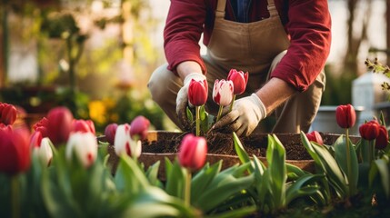 A man in overalls is planting tulips in a garden