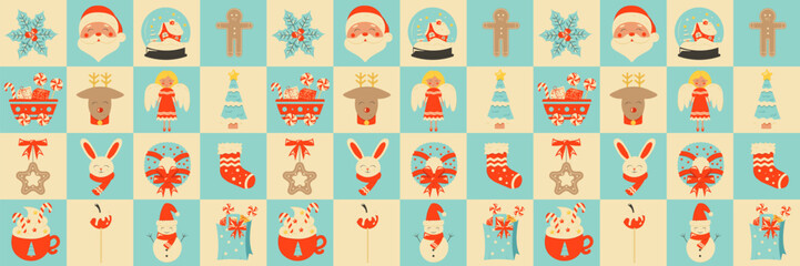 Seamless pattern with Christmas elements. Repeatable pattern tile design for winter holidays in retro style. For wrapping paper, wallpaper, textile, poster background. Vector illustration. 
