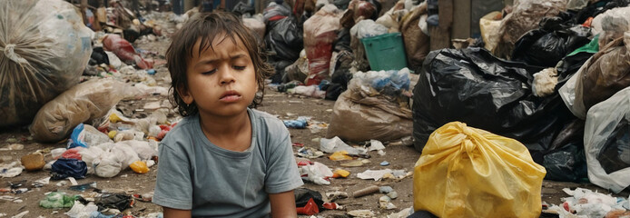 sad child who goes hungry asking for an end to the war - obrazy, fototapety, plakaty
