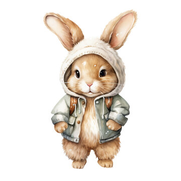 Hase Watercolor Illustration Aquarell Stilisiert Winteranzug Kinderzimmer Wandkunst Gemalt Feldtier Kuschelige Wintermode Geschenkidee Niedlich