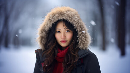 Winter Beauty: Young Asian Woman in Winter Outfit, Posing amidst Snowy Landscape, Gazing at Camera with Snowflakes on Face, Perfect for Portraying Winter Beauty and Snowy Landscapes