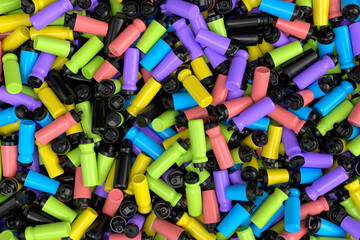 Pile of plastic sport shaker for protein drink on white background