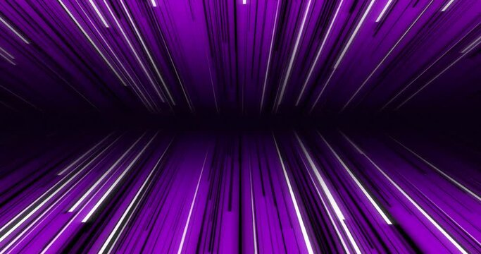 Background of purple black and white neon bright lines moving from bottom down to up creating a horizontal dark shadow line in the center. Stream of glowing fast moving lines.