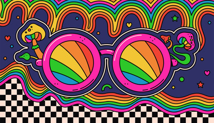 Trippy groovy psychedelic mushroom eyeglass coloring print.
