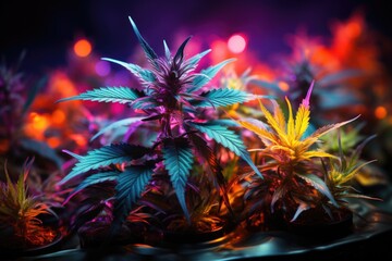 A group of marijuana plants in a dark room. - obrazy, fototapety, plakaty