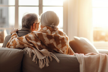 Concept of love language with sunny vibe. Back view  elder couple hug and embrace their shoulder in the warm cozy living room. - obrazy, fototapety, plakaty