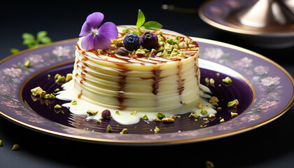 Gourmet dessert plate sweet pancake, chocolate cream, blueberry sauce generated by AI