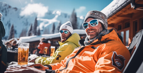 Winter, ski. Skiers enjoying lunch in winter mountains. Group Of Friends Enjoying  beer In Cafe at Ski Resort. - obrazy, fototapety, plakaty