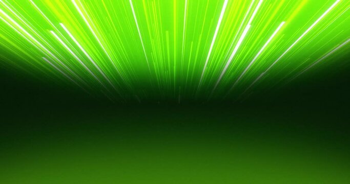 Gradient Background of green and white neon bright lines coming from front to back in z axis and fading at center creating horizontal dark shadow line. Fast moving bright and glowing speed lines.