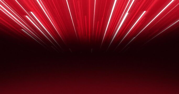 Gradient Background of red and white neon bright lines coming from front to back in z axis and fading at center creating horizontal dark shadow line. Fast moving bright and glowing speed lines.