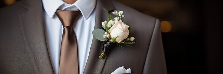 Groom in a fashionable modern suit with a boutonniere close-up, banner