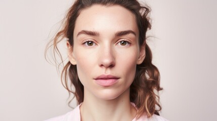 Naklejka premium Close-up shot of a Caucasian woman with imperfect skin, gazing directly into the camera against a light beige studio backdrop.