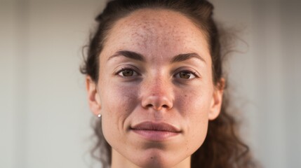 Detailed close-up portrait featuring a Caucasian woman with flaws on her skin, positioned against a studio light beige backdrop.