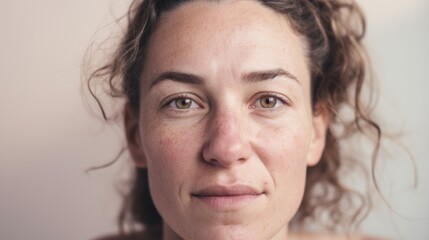 Naklejka premium A detailed portrayal of a Caucasian woman's close-up, emphasizing her flawed skin against a light beige studio setting.