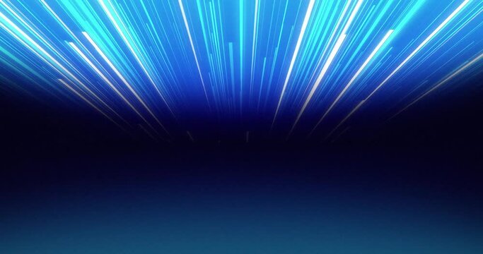 Gradient Background of Blue and white neon bright lines coming from front to back in z axis and fading at center creating horizontal dark shadow line. Fast moving bright and glowing speed lines.