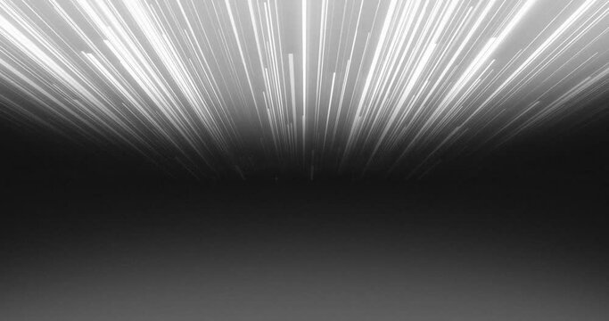 Gradient Background of grey and white neon bright lines coming from front to back in z axis and fading at center creating horizontal dark shadow line. Fast moving bright and glowing speed lines.