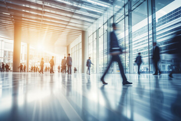 People blurred in a modern open office walking fast in a rush, corporate office with motion blur, fast pace, big windows, background hd