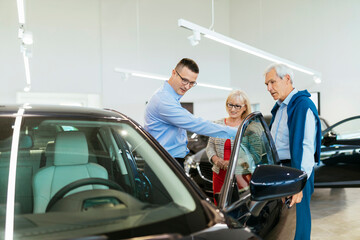 Senior couple couple talking with salesperson in car dealership