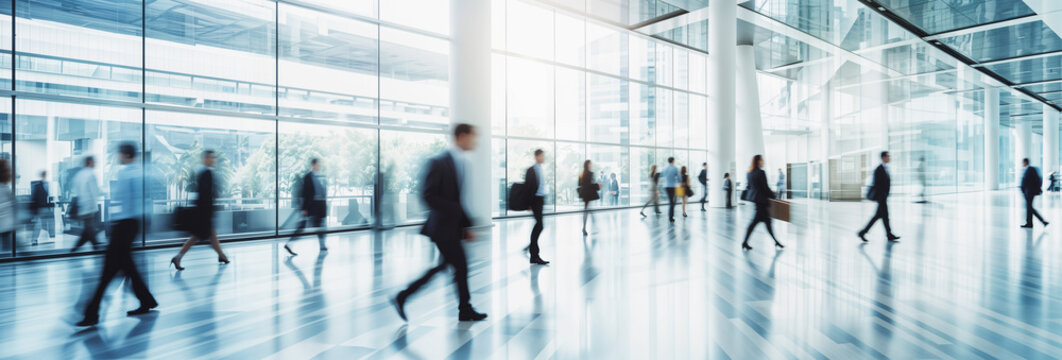 People Blurred In A Modern Open Office Walking Fast In A Rush, Corporate Office With Motion Blur, Fast Pace, Big Windows, Banner Background Hd