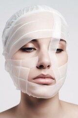 Woman's head wrapped in bandages post-plastic surgery, conveying the concept of cosmetic enhancement and recovery. Transformative beauty journey and the process of healing after a surgical procedure.