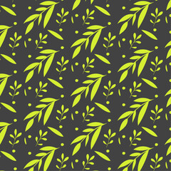 Seamless pattern with drawn branches and leaves. Vector repeating wallpaper. Seamless pattern in botanical style. Leaf vector illustration.