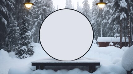 a blank minimal round store sign mockup, perfectly suited for logo presentation, the ambiance with a light garland among snow-covered fir trees, creating a cozy and festive atmosphere.