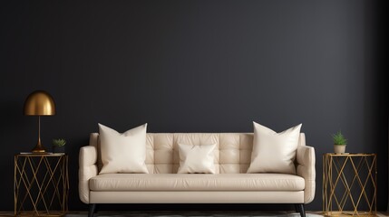 a couch with pillows in front of a black wall