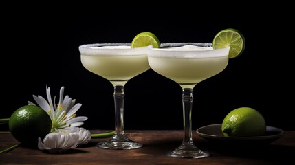 two glasses of drinks with limes and a plate of flowers