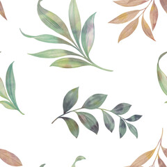 abstract watercolor leaves, seamless botanical pattern on white background, for wallpaper design