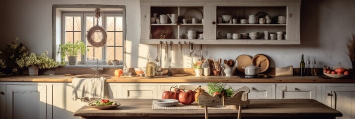 Cozy farmhouse style kitchen interior, room filled with all sorts of appliances and details rustic kitchen, banner - obrazy, fototapety, plakaty