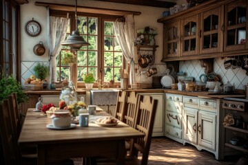 Fototapeta na wymiar Cozy farmhouse style kitchen interior, room filled with all sorts of appliances and details rustic kitchen