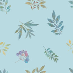 seamless botanical pattern, watercolor green leaves on a light blue background