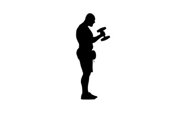 In the shot, a man stands in silhouette against a white background. He is an athlete, a bodybuilder. Demonstrates an exercise with dumbbells, lifts them. He stands sideways to the camera in profile