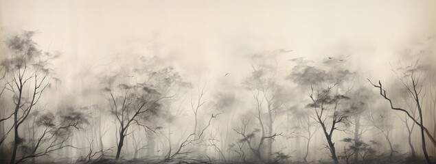 Misty Forest Panorama: A panoramic view of a misty forest with tall trees and a foggy atmosphere