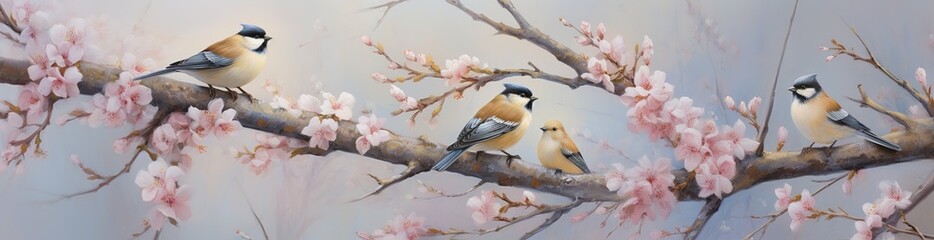 Two small birds perched on a branch with pink flowers