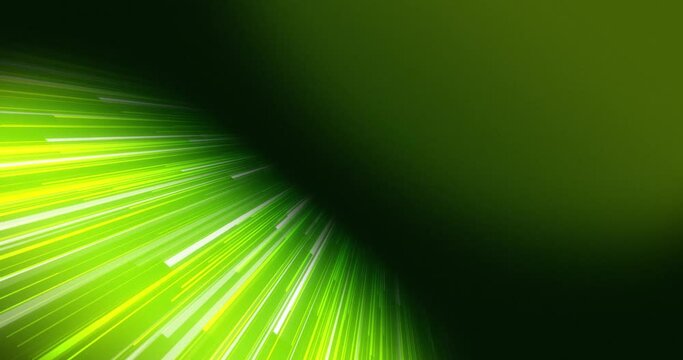 Background of green and white neon bright lines coming from front to back and fading at center creating a diagonal dark shadow line. Stream of glowing fast moving speed lines.