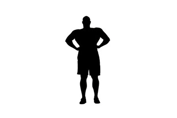 Fototapeta na wymiar In the shot, a man stands in silhouette against a white background. He is an athlete, bodybuilder, bodybuilder. Demonstrates his body, biceps and muscles. He looks at the camera with his arms folded