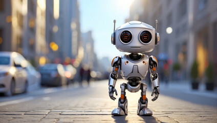 Cute little robot on the street - obrazy, fototapety, plakaty