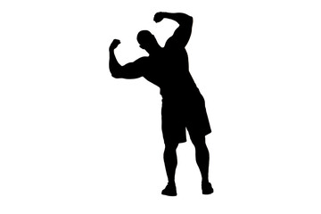 Fototapeta na wymiar In the frame a man stands silhouetted on a white background. This is an athlete, bodybuilder, bodybuilder. Demonstrates his body, biceps and muscles. He looks at the camera leaning to the side